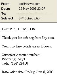 Installation Date Confirmation E-mail from Sky